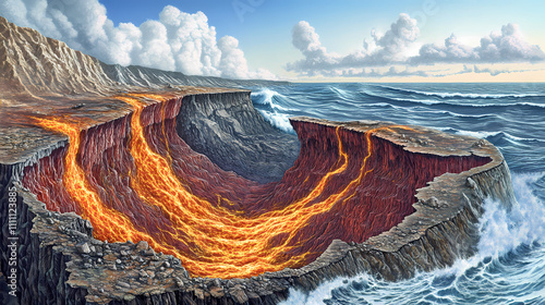 Cross-section the earthas mantle showing molten rock, convection currents, and tectonic activity. Tectonic. Illustration photo