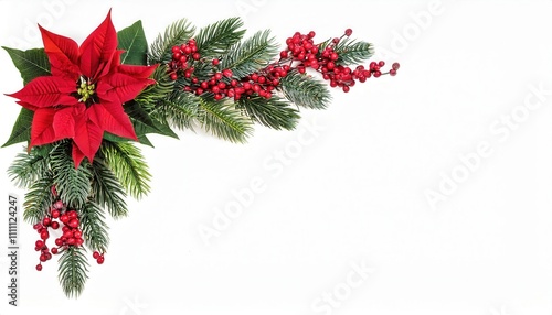 Elegant Christmas Poinsettia Floral Arrangement. Perfect for Holiday Decor, Festive Cards, Invitations, Seasonal Marketing, or Winter Themed Crafts with Vibrant Red and Green Accents