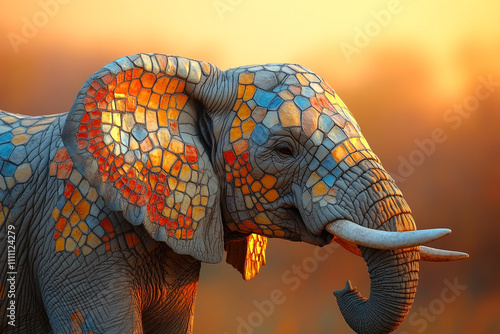 African Elephant Mosaic Art Sunset Backdrop photo