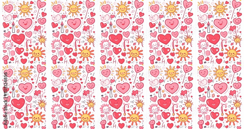 seamless pattern of Happy Valentines Day cheerful cartoon hearts suns pink red doodle style seamless pattern of Happy Valentines Day cheerful cartoon hearts suns pink red doodle style