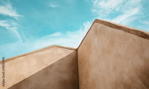 Architecture elements unfold in a striking interplay of textures and angles, highlighted by the soft hues of a sunlit sky, evoking a sense of serenity.