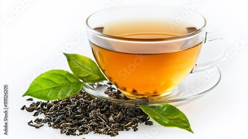 A clear glass teacup filled with steaming brown tea, fresh green tea leaves next to loose tea.