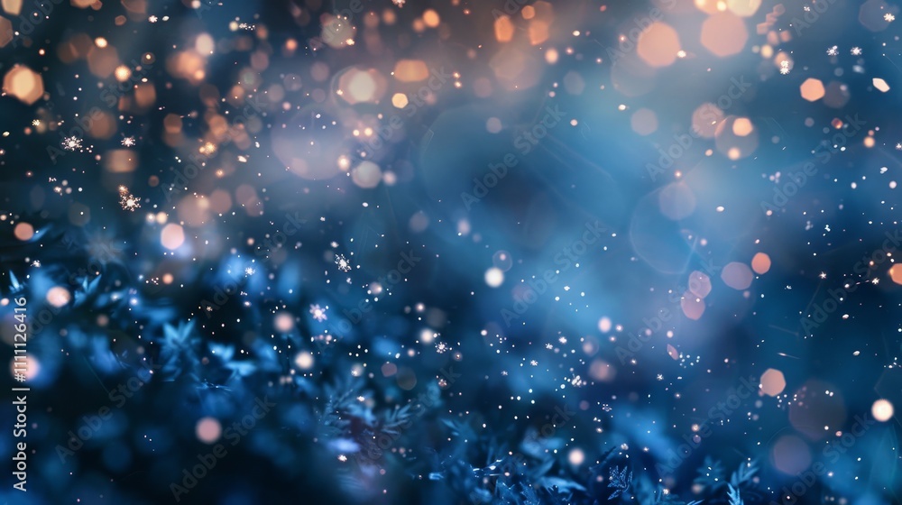 Captivating winter scene with blue and white snowflakes and twinkling bokeh lights for christmas Captivating winter scene with blue and white snowflakes and twinkling bokeh lights for christmas