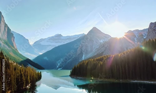 Sunrise illuminates a stunning mountain lake surrounded by towering peaks and dense forests, showcasing natures breathtaking beauty and tranquility.