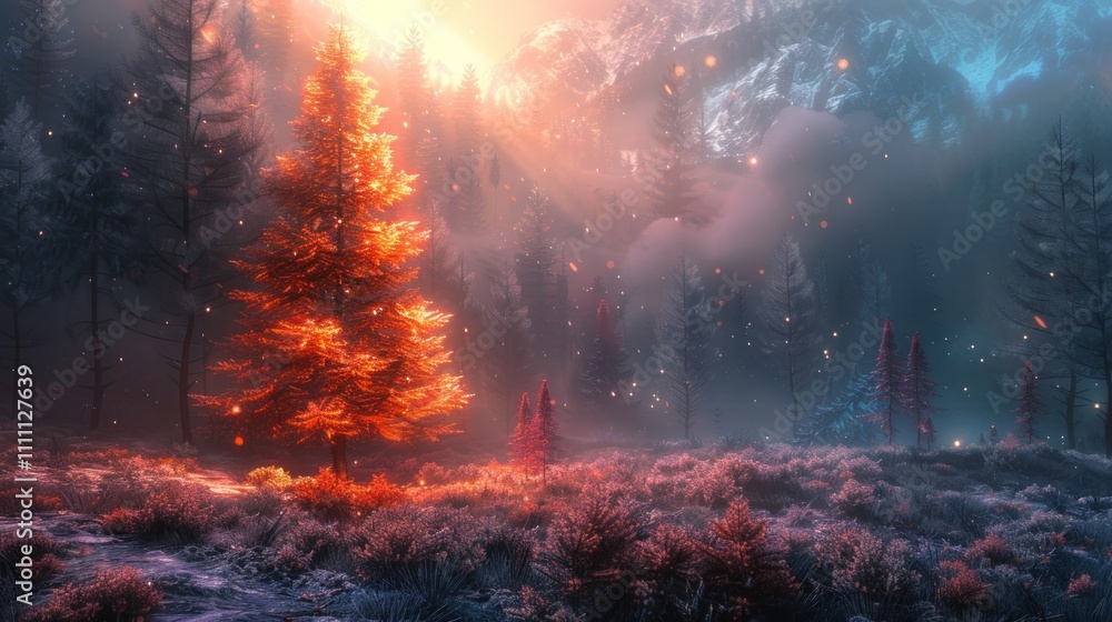 Glowing orange tree in a snowy, misty forest at sunrise, with mountains in the background. Glowing orange tree in a snowy, misty forest at sunrise, with mountains in the background.