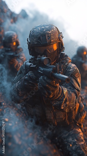 soldiers in modern gear aim an M-16 rifle at a black monster that looks like smoke. photo