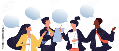 Vector illustration, flat style, businessmen discuss social network, news, social networks, chat, dialogue speech bubble