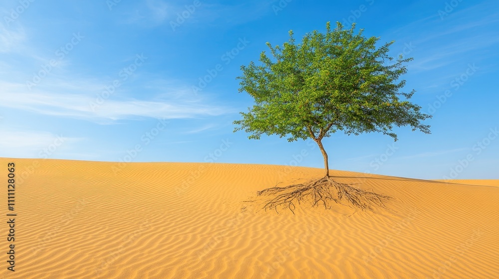 A lone tree stands tall in the middle of a sandy desert, with visible roots stretching out, representing strength and adaptation. A lone tree stands tall in the middle of a sandy desert, with visible roots stretching out, representing strength and adaptation.