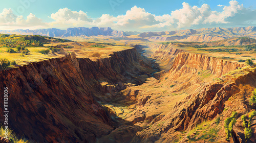 A rift valley, with steep walls and a deep valley floor indicating tectonic forces at work. Tectonic. Illustration