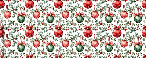 seamless pattern of Christmas watercolor  red green baubles holly festive winter 
