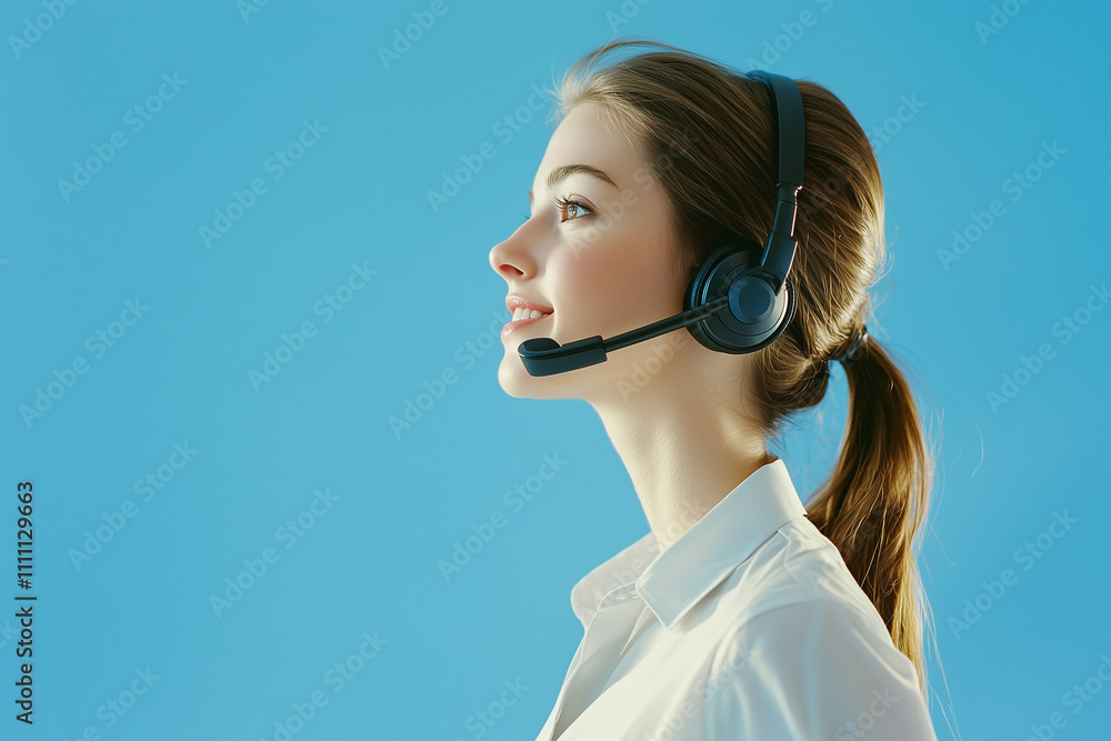 woman with headset smiles confidently against blue background, showcasing professional and friendly demeanor. Her side profile highlights her focus and engagement in communication woman with headset smiles confidently against blue background, showcasing professional and friendly demeanor. Her side profile highlights her focus and engagement in communication