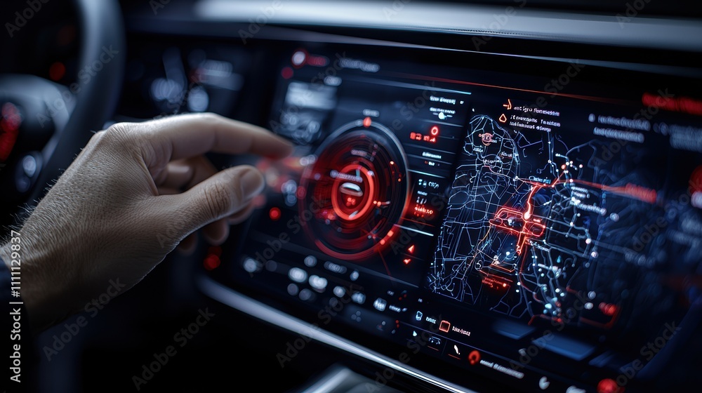 Hand using car navigation system with red digital map display. High-tech vehicle dashboard showing route planning and touch interface Hand using car navigation system with red digital map display. High-tech vehicle dashboard showing route planning and touch interface