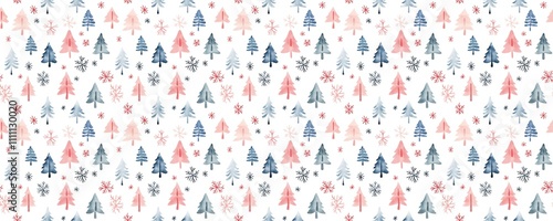 seamless pattern of Watercolor Christmas trees pink blue winter snowflakes festive design holiday pattern 