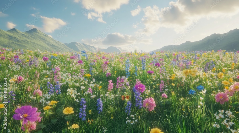 Fototapeta premium Vibrant Wildflowers in a Mountain Meadow Under a Cloudy Sky