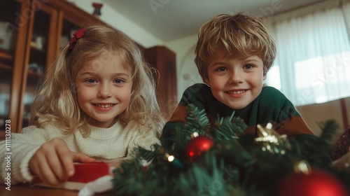 Two young children, a boy and a girl, smiling cheerfully with Christmas decorations around them, captured in a cozy indoor setting, conveying warmth and joy. photo