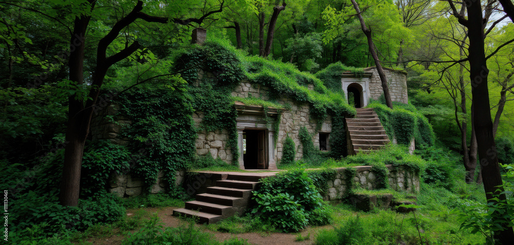 A mysterious, ancient Aghjots Monastery, shrouded in the depths of the Khosrov Forest Reserve, its crumbling stone walls overgrown with lush, emerald green vegetation. A mysterious, ancient Aghjots Monastery, shrouded in the depths of the Khosrov Forest Reserve, its crumbling stone walls overgrown with lush, emerald green vegetation.