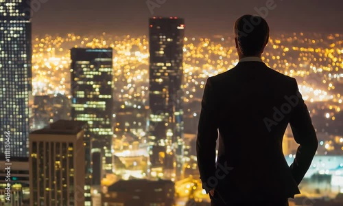 Ambition radiates as a figure in a suit surveys a sprawling city skyline, illuminated with shimmering lights, symbolizing dreams and opportunities in the night.