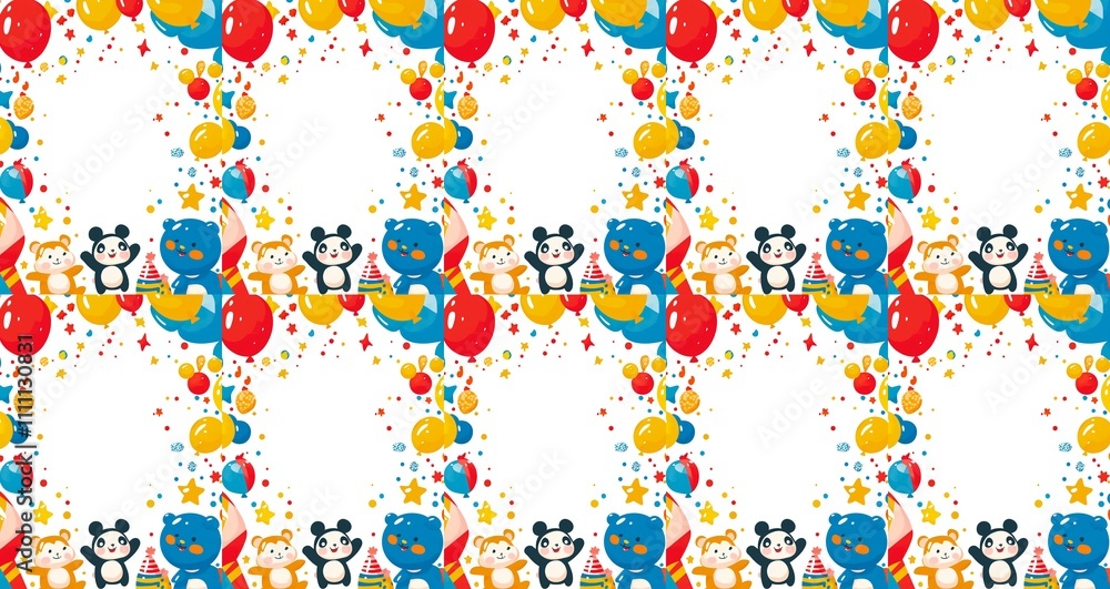 Fototapeta premium seamless pattern of Happy Birthday card template red yellow cartoon animals balloons confetti cheerful festive 