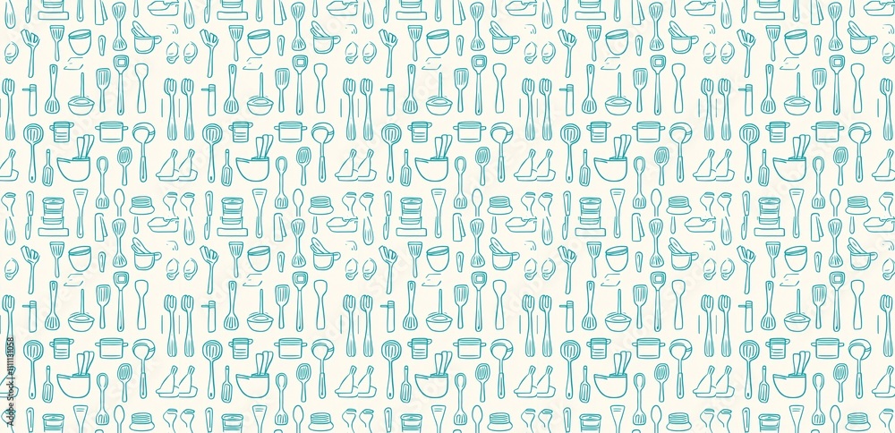 seamless pattern of Teal kitchen utensil cooking tools, cream background, whimsical style, joyful baking concept seamless pattern of Teal kitchen utensil cooking tools, cream background, whimsical style, joyful baking concept