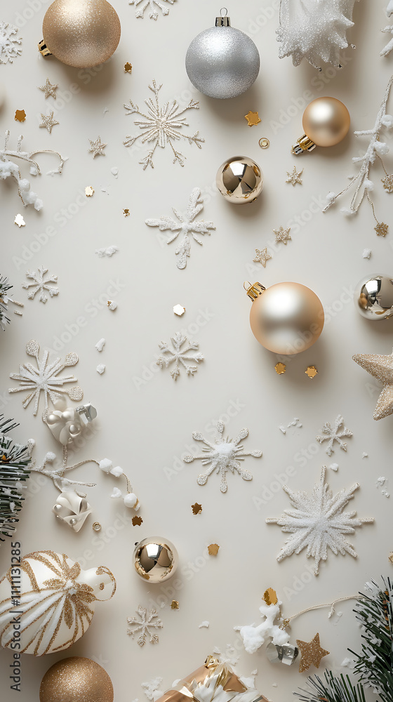Fototapeta premium A beautiful arrangement of Christmas ornaments and snowflakes on a light background.