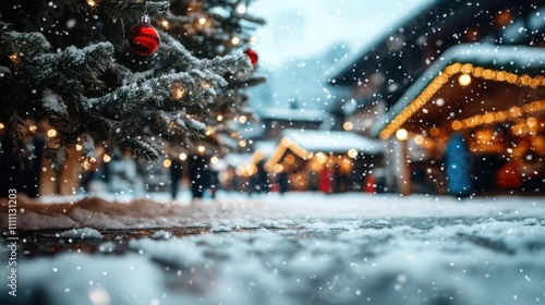 An enchanting scene captures a snow-dusted Christmas tree at a vibrant holiday market, with warm glowing lights and festive decorations amidst the gently falling snow. photo