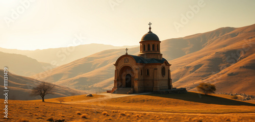 A lone, ancient Mastara Church rises majestically from the earth, its rounded silhouette and intricate stone carvings glistening in the warm, golden light of a sunlit valley. photo