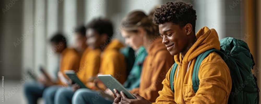 Young man in orange hoodie using a tablet with a group of students sitting in a row. Modern education and technology concept. Young man in orange hoodie using a tablet with a group of students sitting in a row. Modern education and technology concept.