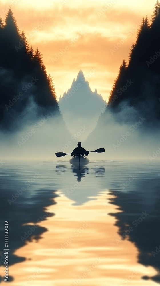 A lone kayaker paddles through a tranquil lake at sunset, majestic mountains in the distance. A lone kayaker paddles through a tranquil lake at sunset, majestic mountains in the distance.