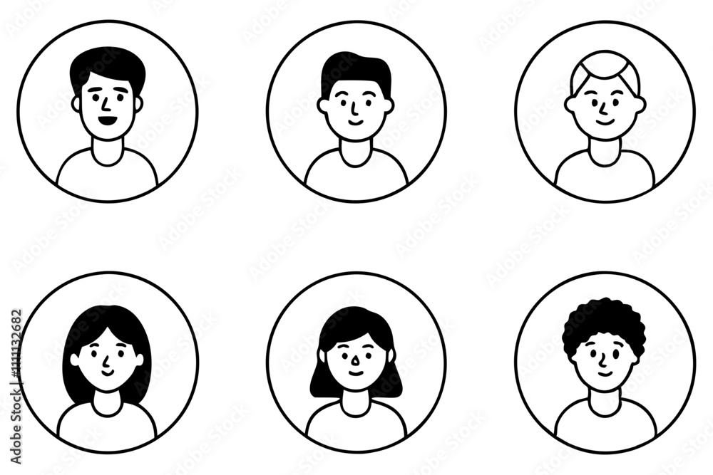 Faces set line art isolated with round. icons with people faces. Portrait concept. on white background. Faces set line art isolated with round. icons with people faces. Portrait concept. on white background.