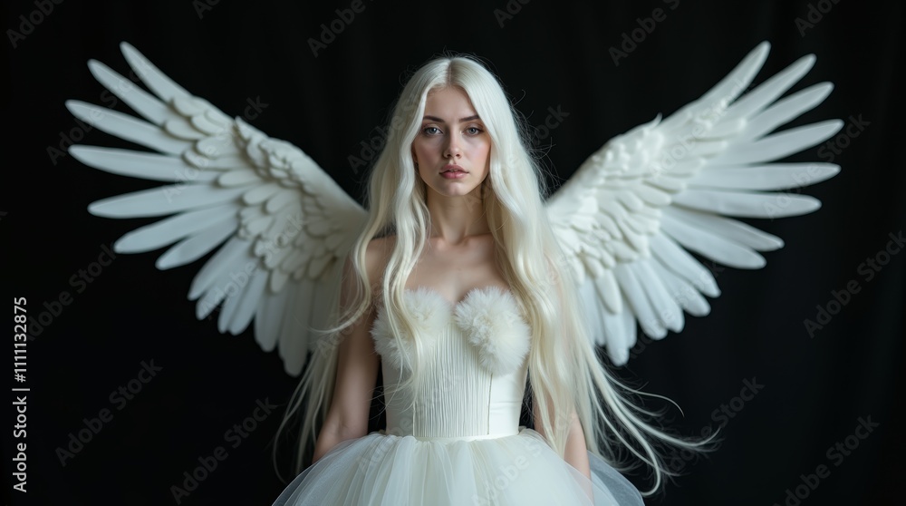 portrait of white woman with angel wings on black background portrait of white woman with angel wings on black background