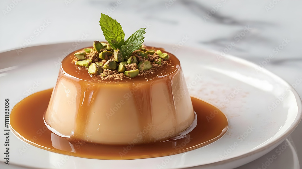 Spiced Chai Creme Caramel with Cardamom Toffee and Pistachio Dust, Indian Fusion Photography Spiced Chai Creme Caramel with Cardamom Toffee and Pistachio Dust, Indian Fusion Photography