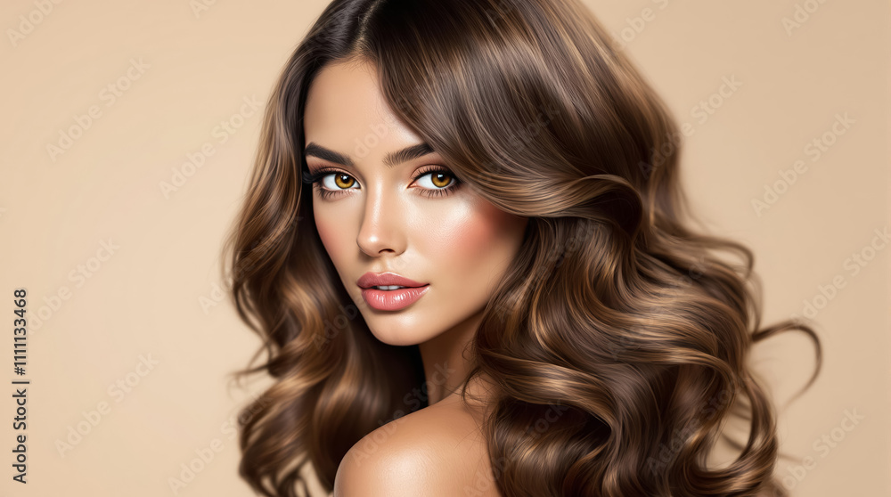 Naklejka premium A woman poses with long, wavy hair and captivating eyes, showcasing her beauty in a minimalist setting
