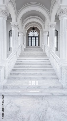 Elegant marble staircase in a grand hall  bathed in soft light.  The architecture is stunning  creating a serene and sophisticated atmosphere.