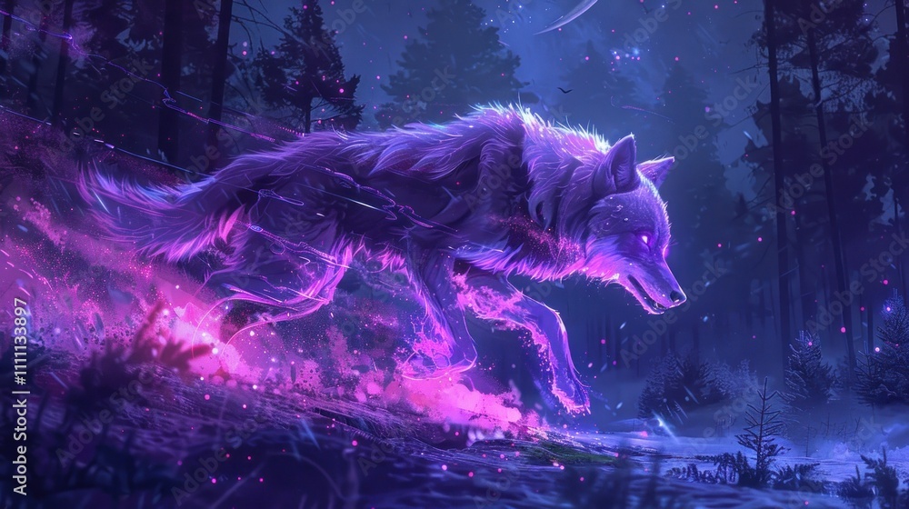 Obraz premium Glowing purple wolf running in a mystical forest at night.