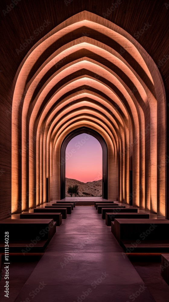 Obraz premium Serene sunset view through a series of arches in a modern architectural space. Warm lighting illuminates the interior.