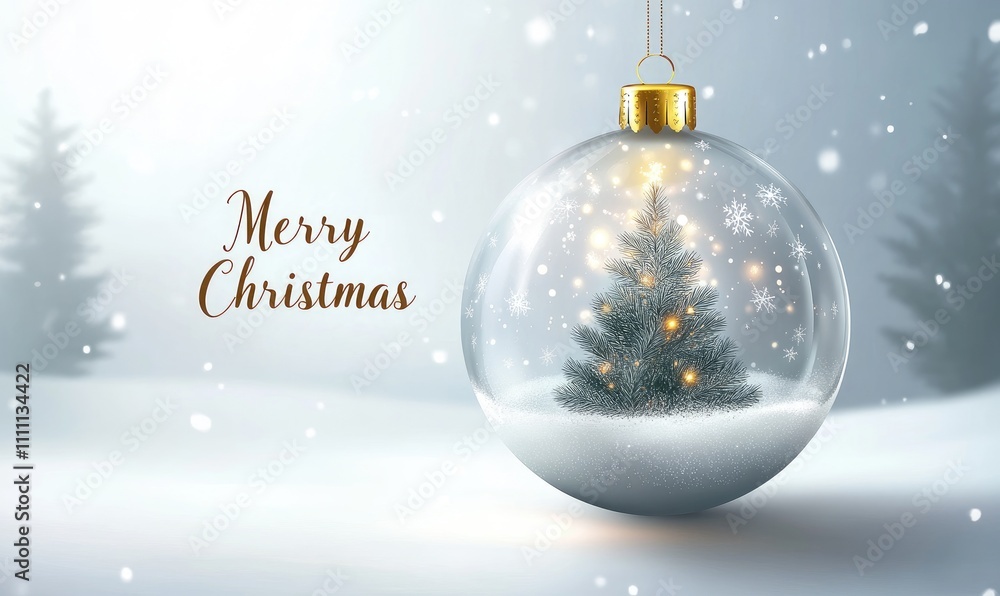 A Christmas tree inside an ornament ball with snow falling and A Christmas tree inside an ornament ball with snow falling and