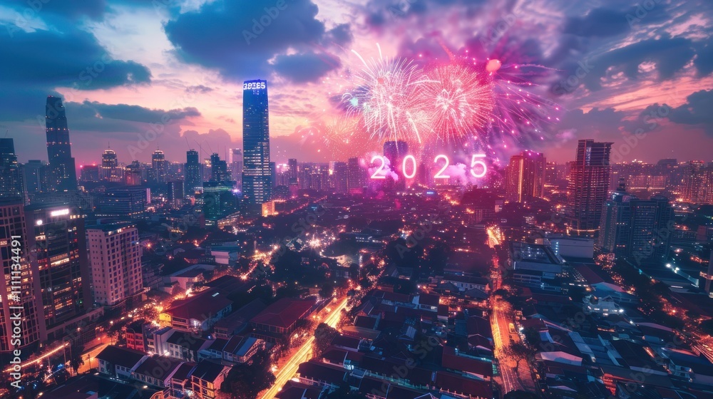 Fireworks illuminate cityscape at night, celebrating 2025 New Year. Fireworks illuminate cityscape at night, celebrating 2025 New Year.