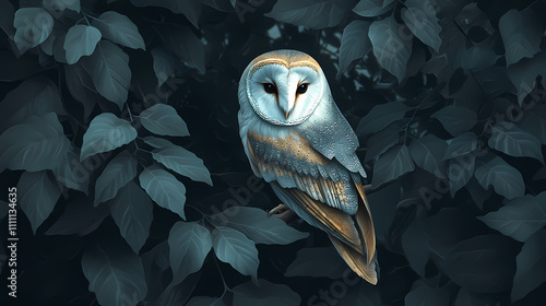 Realistic barn owl perched on a branch surrounded by dark foliage symbolizing elegance mystery and connection to nocturnal life. Nocturnal. Illustration photo