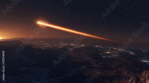 A meteor streaks across a twilight sky above a mountainous landscape.