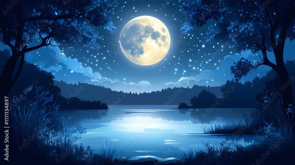 Naklejka premium Serene nocturnal landscape featuring a full moon, starlit sky, and tranquil lake reflecting celestial bodies. Nocturnal. Illustration