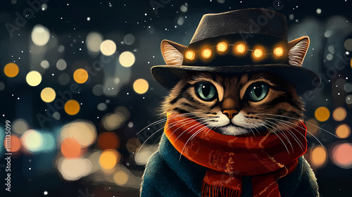 Stylish cat dressed in hat and scarf against city lights. Nocturnal. Illustration