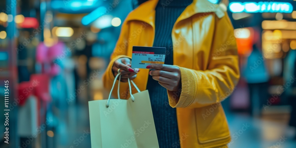 A person holding shopping bags and a credit card in a vibrant market scene. The style showcases urban fashion and business shopping. The atmosphere is lively and modern. AI A person holding shopping bags and a credit card in a vibrant market scene. The style showcases urban fashion and business shopping. The atmosphere is lively and modern. AI