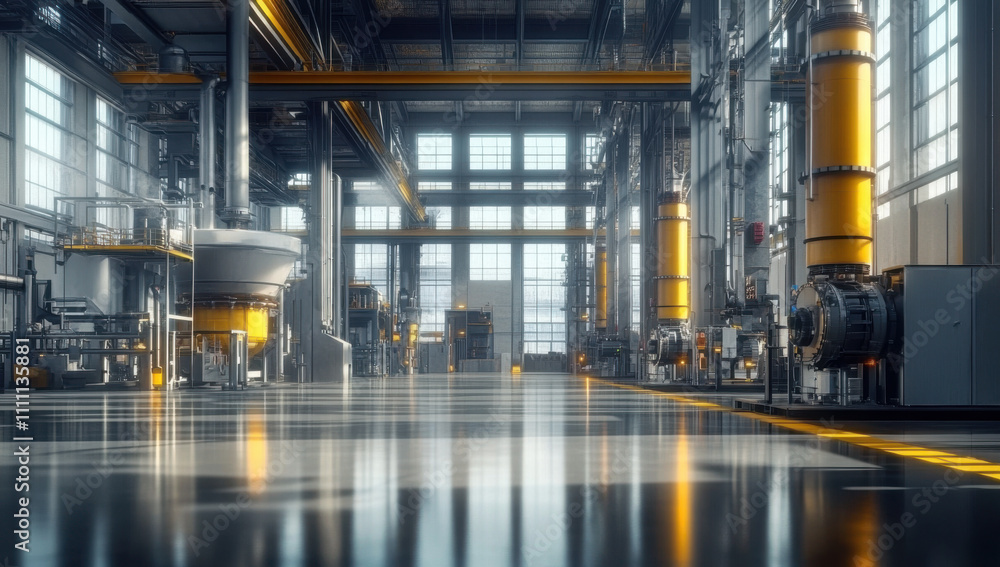 A modern industrial interior, showcasing large machinery, expansive windows, and a spacious floor, emphasizing a clean and efficient workspace A modern industrial interior, showcasing large machinery, expansive windows, and a spacious floor, emphasizing a clean and efficient workspace