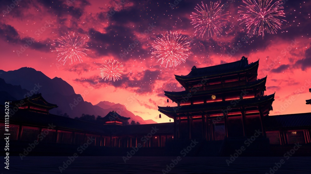 Obraz premium Festive Fireworks over Asian Temple at Sunset