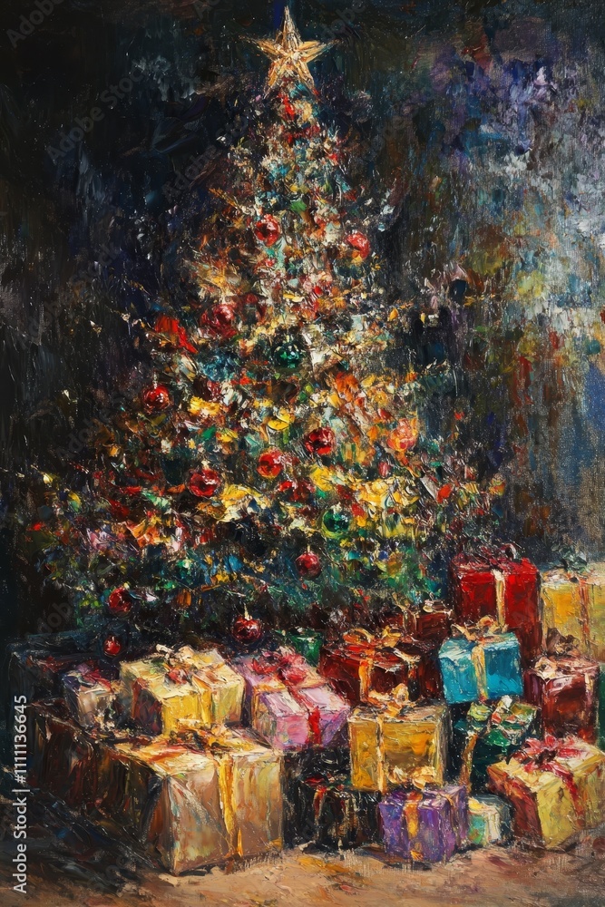 Fototapeta premium An enchanting holiday illustration brimming with Christmas cheer, capturing joyful moments with festive decorations, glowing lights, and a warm, lively atmosphere. Perfect for wallpaper and posters, i