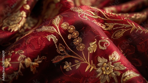 Red fabric with gold floral embroidery.