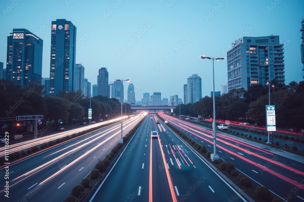 Urban Cityscape at Dusk with AI-Driven Traffic Flow, Modern Architecture, and Vibrant Lights in an Urban Environment Urban Cityscape at Dusk with AI-Driven Traffic Flow, Modern Architecture, and Vibrant Lights in an Urban Environment