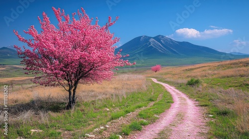 Pink Blossom Tree on a Winding Road Leading to Mountain
