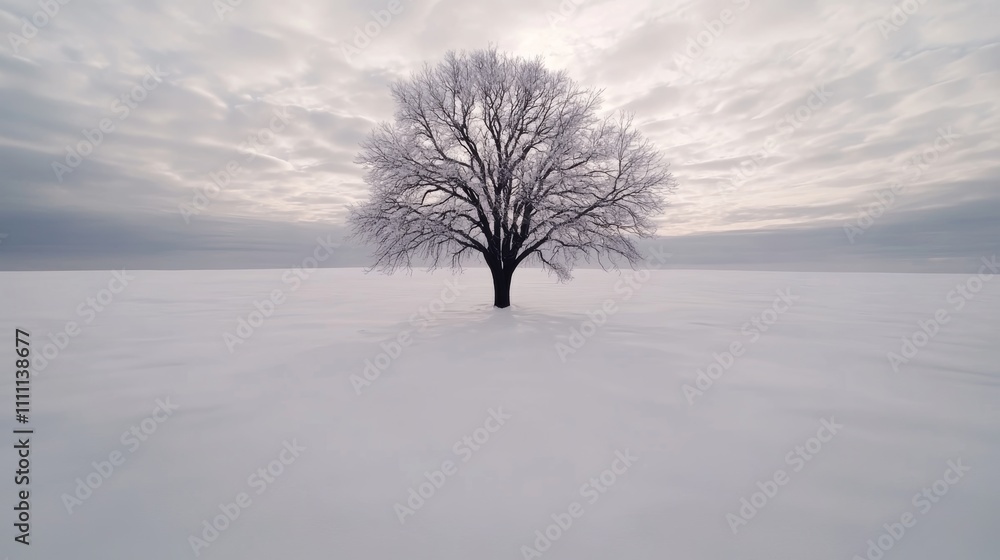 Fototapeta premium Solitary tree in a snow-covered field under a cloudy sky. The scene evokes a sense of peace and solitude.