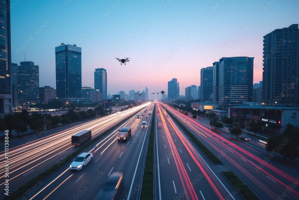 Aerial View of a Bustling Cityscape at Dusk with Drone Overhead Capturing Urban Life and Traffic Flow in a Modern, AI-Driven Environment Aerial View of a Bustling Cityscape at Dusk with Drone Overhead Capturing Urban Life and Traffic Flow in a Modern, AI-Driven Environment
